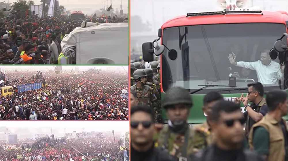 সমাবেশস্থলের মঞ্চে বিএনপির ভারপ্রাপ্ত চেয়ারম্যান তারেক রহমান