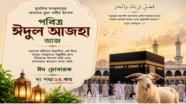 মুসলিম সম্প্রদায়ের অন্যতম বৃহৎ ধর্মীয় উৎসব পবিত্র ঈদুল আজহা আজ