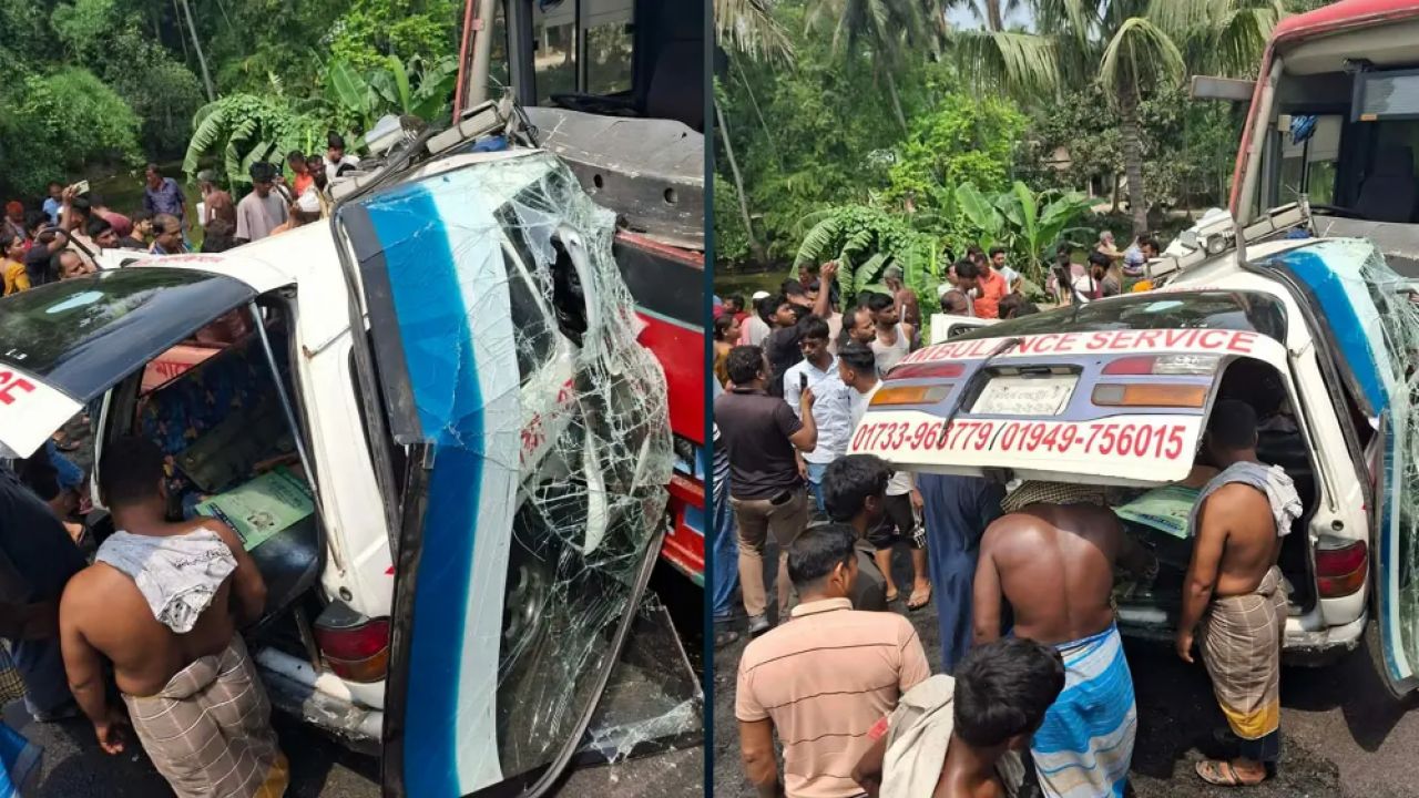 ফরিদপুরের নগরকান্দায় বাসের সাথে এ্যাম্বুলেন্সের মুখোমুখি সংঘর্ষে একই পরিবারের ৪ জনসহ ৫ জন নিহত